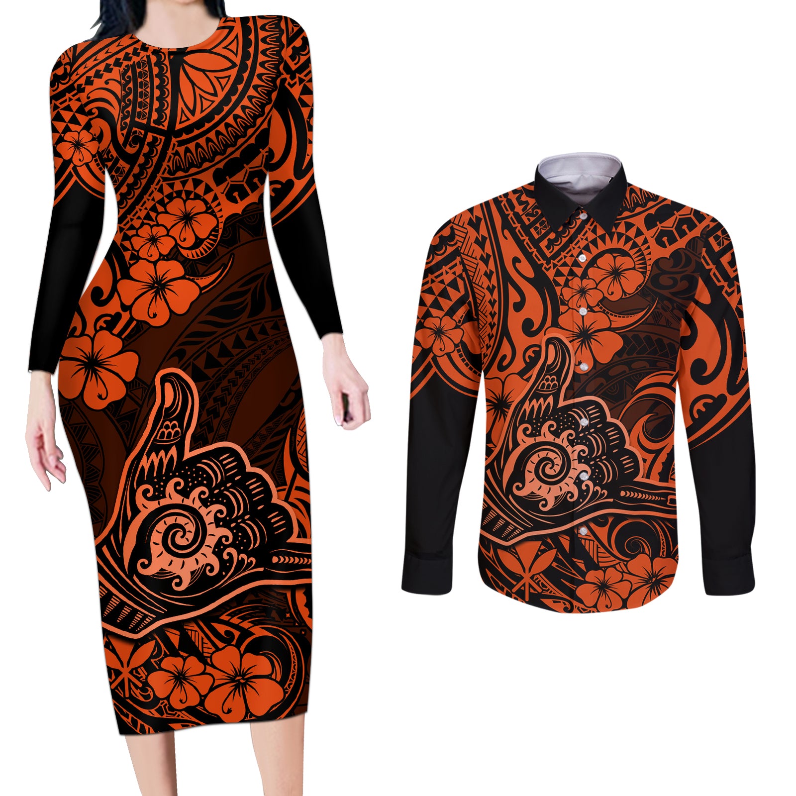 Hawaii Shaka Sign Couples Matching Long Sleeve Bodycon Dress and Long Sleeve Button Shirts With Polynesian Hibiscus Orange Unique LT01 Orange - Polynesian Pride