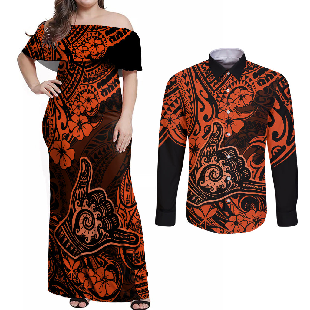 Hawaii Shaka Sign Couples Matching Off Shoulder Maxi Dress and Long Sleeve Button Shirts With Polynesian Hibiscus Orange Unique LT01 Orange - Polynesian Pride
