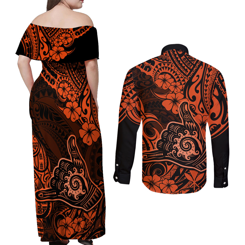 Hawaii Shaka Sign Couples Matching Off Shoulder Maxi Dress and Long Sleeve Button Shirts With Polynesian Hibiscus Orange Unique LT01 - Polynesian Pride