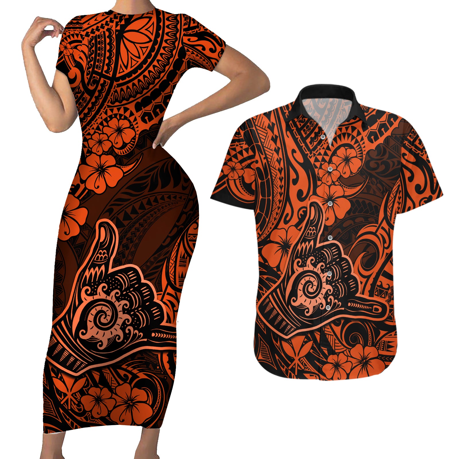 Hawaii Shaka Sign Couples Matching Short Sleeve Bodycon Dress and Hawaiian Shirt With Polynesian Hibiscus Orange Unique LT01 Orange - Polynesian Pride