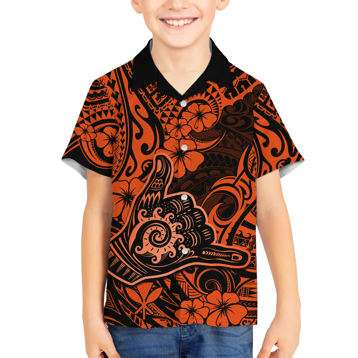 Hawaii Shaka Sign Family Matching Long Sleeve Bodycon Dress and Hawaiian Shirt With Polynesian Hibiscus Orange Unique LT01 Son's Shirt Orange - Polynesian Pride