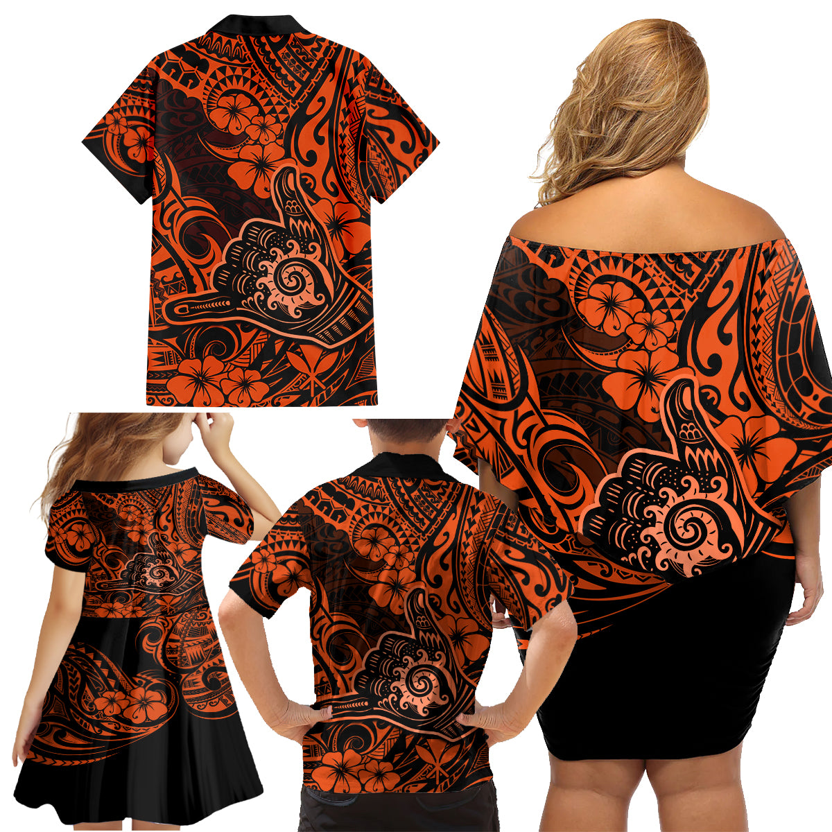 Hawaii Shaka Sign Family Matching Off Shoulder Short Dress and Hawaiian Shirt With Polynesian Hibiscus Orange Unique LT01 - Polynesian Pride