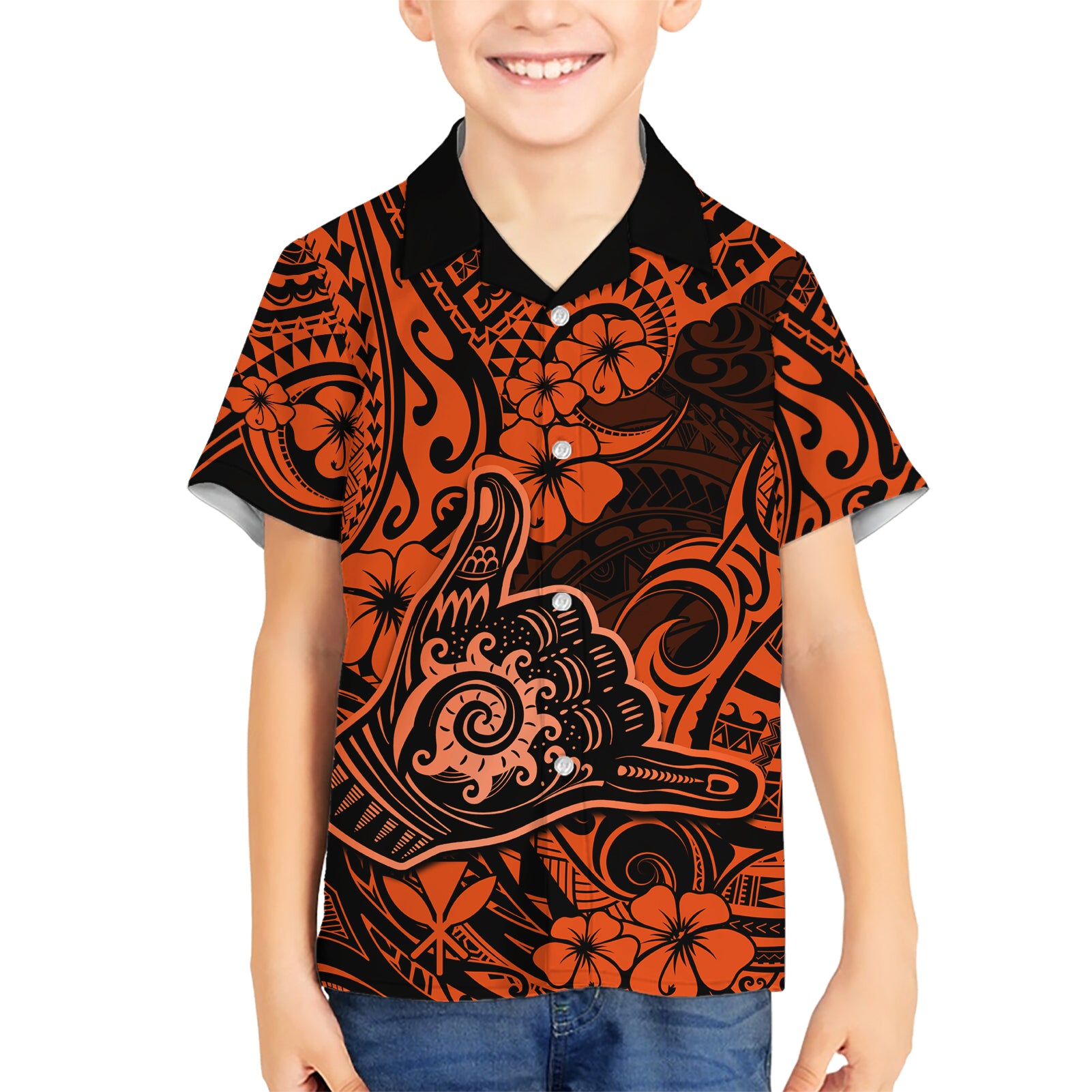 Hawaii Shaka Sign Kid Hawaiian Shirt With Polynesian Hibiscus Orange Unique LT01 Kid Orange - Polynesian Pride