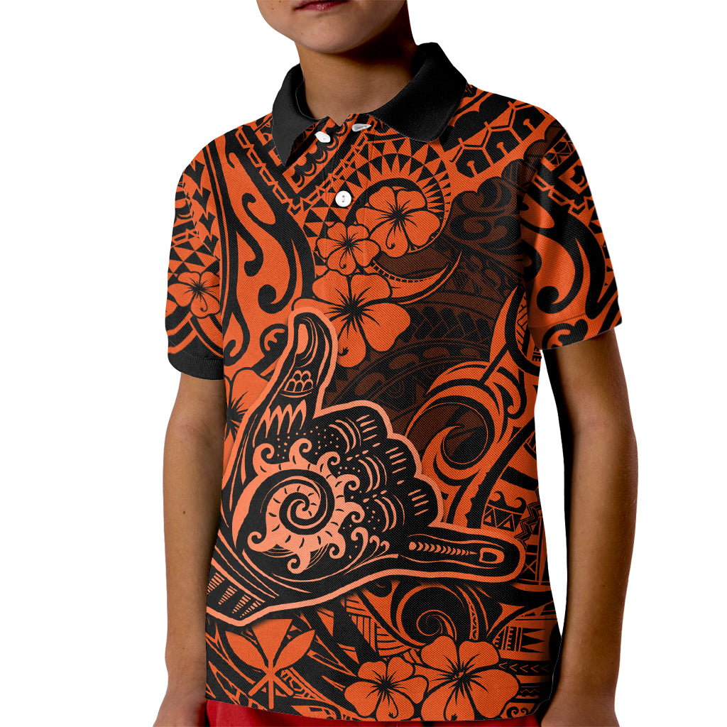 Hawaii Shaka Sign Kid Polo Shirt With Polynesian Hibiscus Orange Unique LT01 Kid Orange - Polynesian Pride