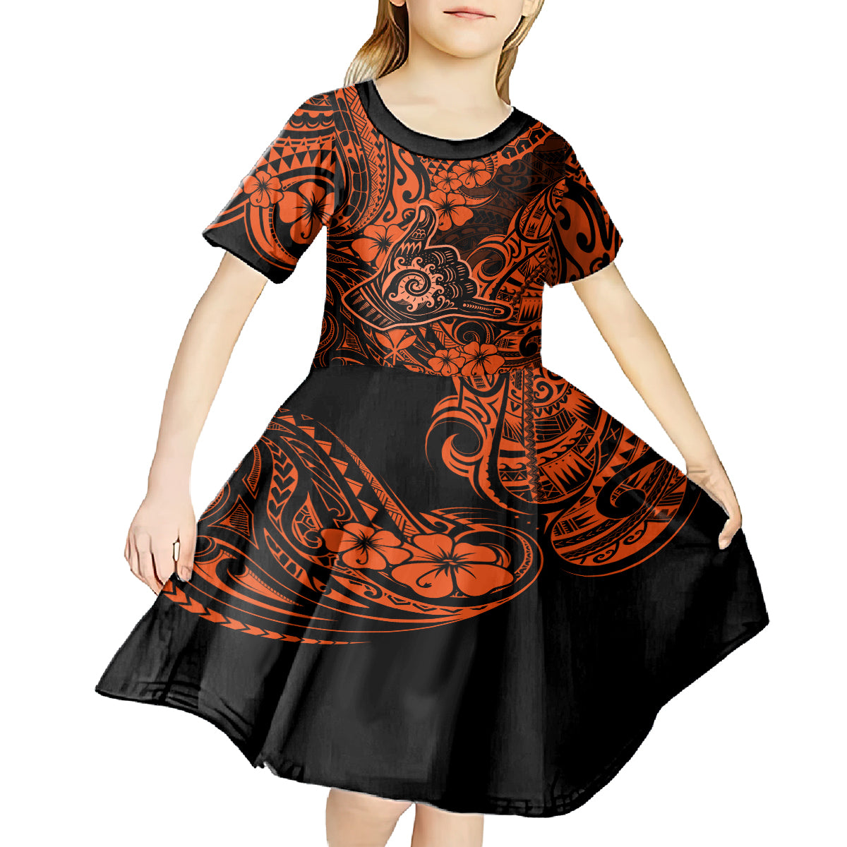 Hawaii Shaka Sign Kid Short Sleeve Dress With Polynesian Hibiscus Orange Unique LT01 - Polynesian Pride