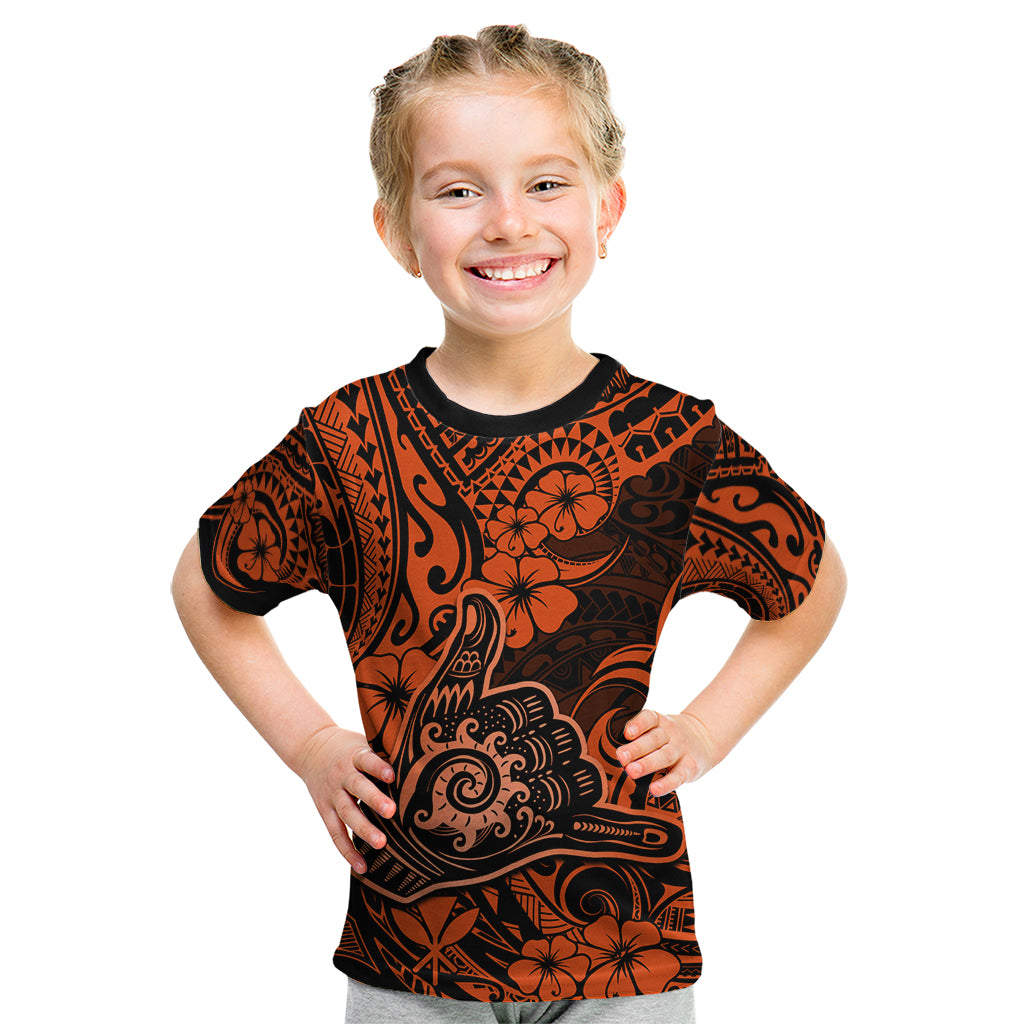 Hawaii Shaka Sign Kid T Shirt With Polynesian Hibiscus Orange Unique LT01 Orange - Polynesian Pride