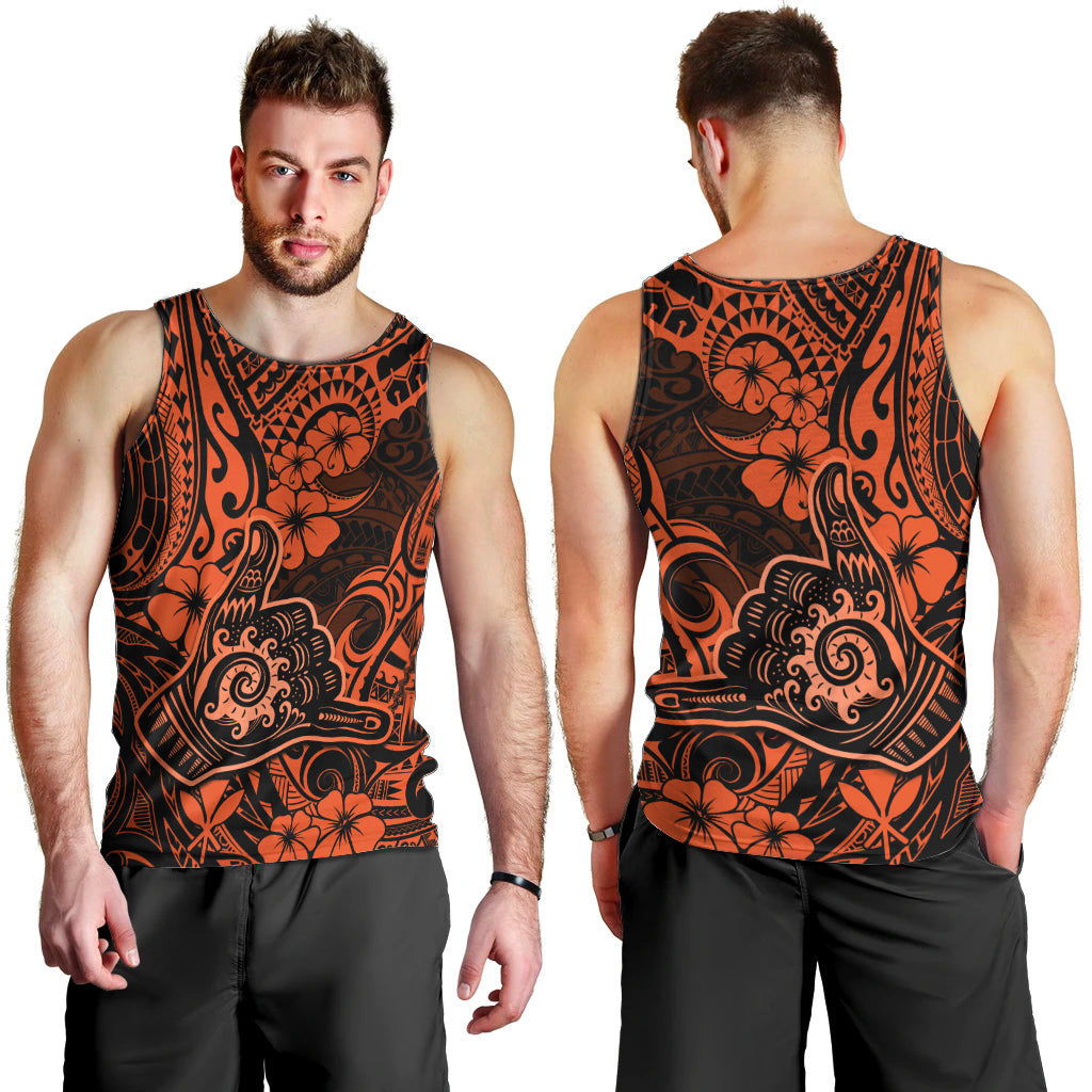 Hawaii Shaka Sign Men Tank Top With Polynesian Hibiscus Orange Unique LT01 - Polynesian Pride