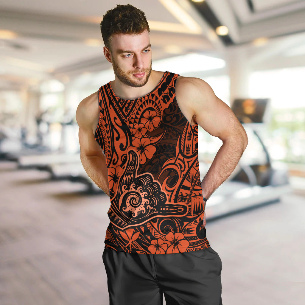 Hawaii Shaka Sign Men Tank Top With Polynesian Hibiscus Orange Unique LT01 - Polynesian Pride