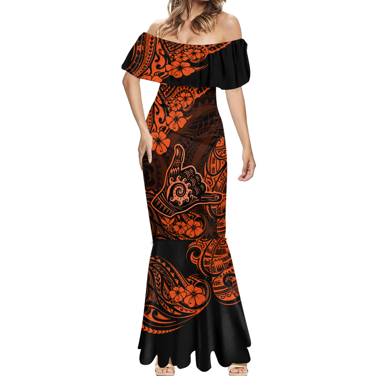 Hawaii Shaka Sign Mermaid Dress With Polynesian Hibiscus Orange Unique LT01 - Polynesian Pride