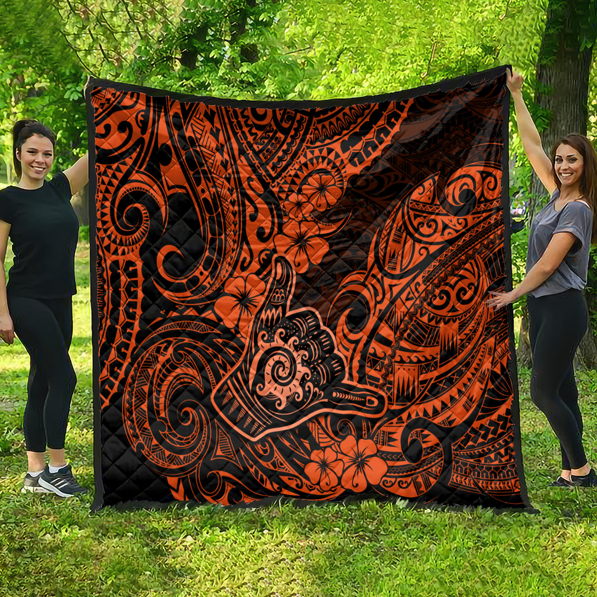 Hawaii Shaka Sign Quilt With Polynesian Hibiscus Orange Unique LT01 - Polynesian Pride