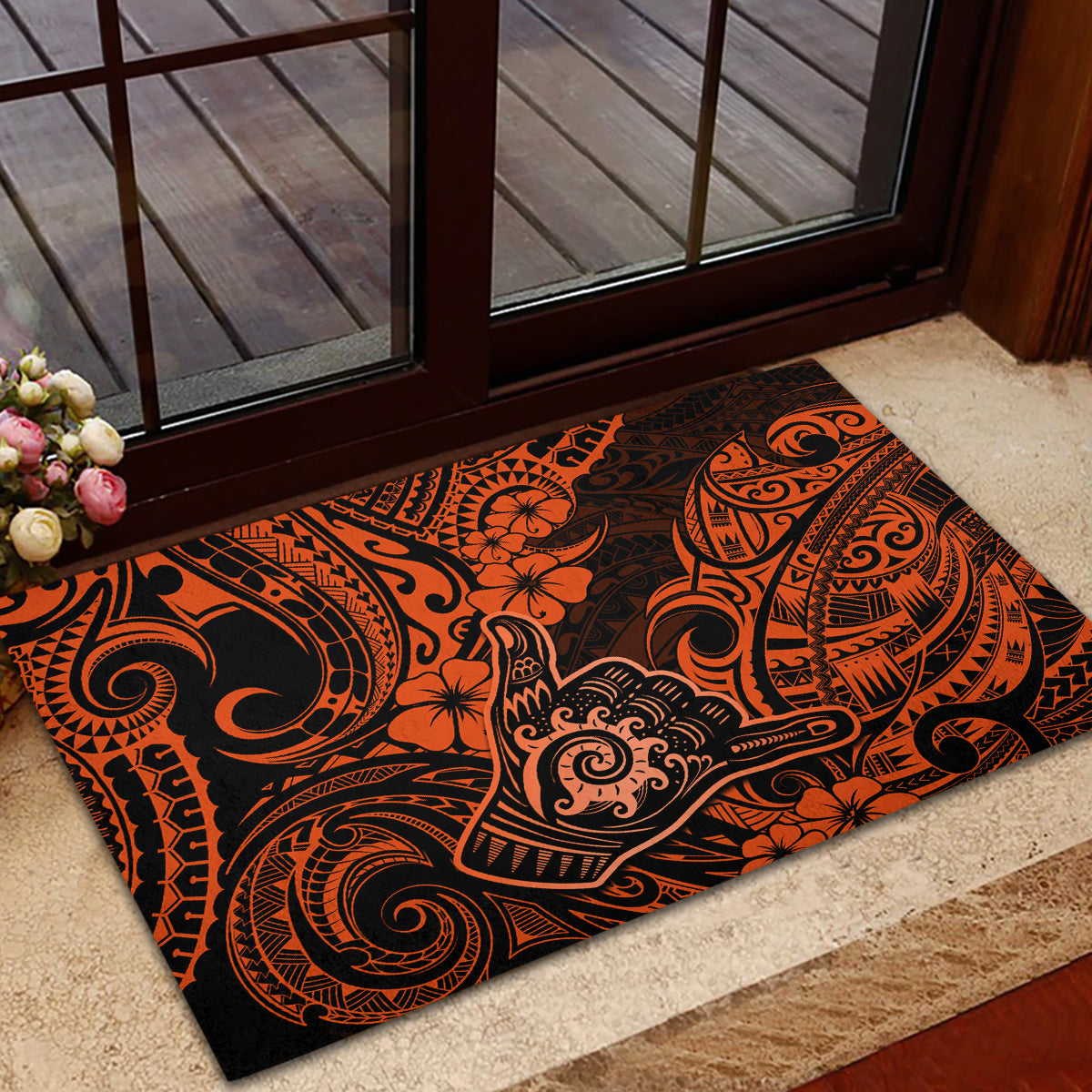 Hawaii Shaka Sign Rubber Doormat With Polynesian Hibiscus Orange Unique LT01 - Polynesian Pride