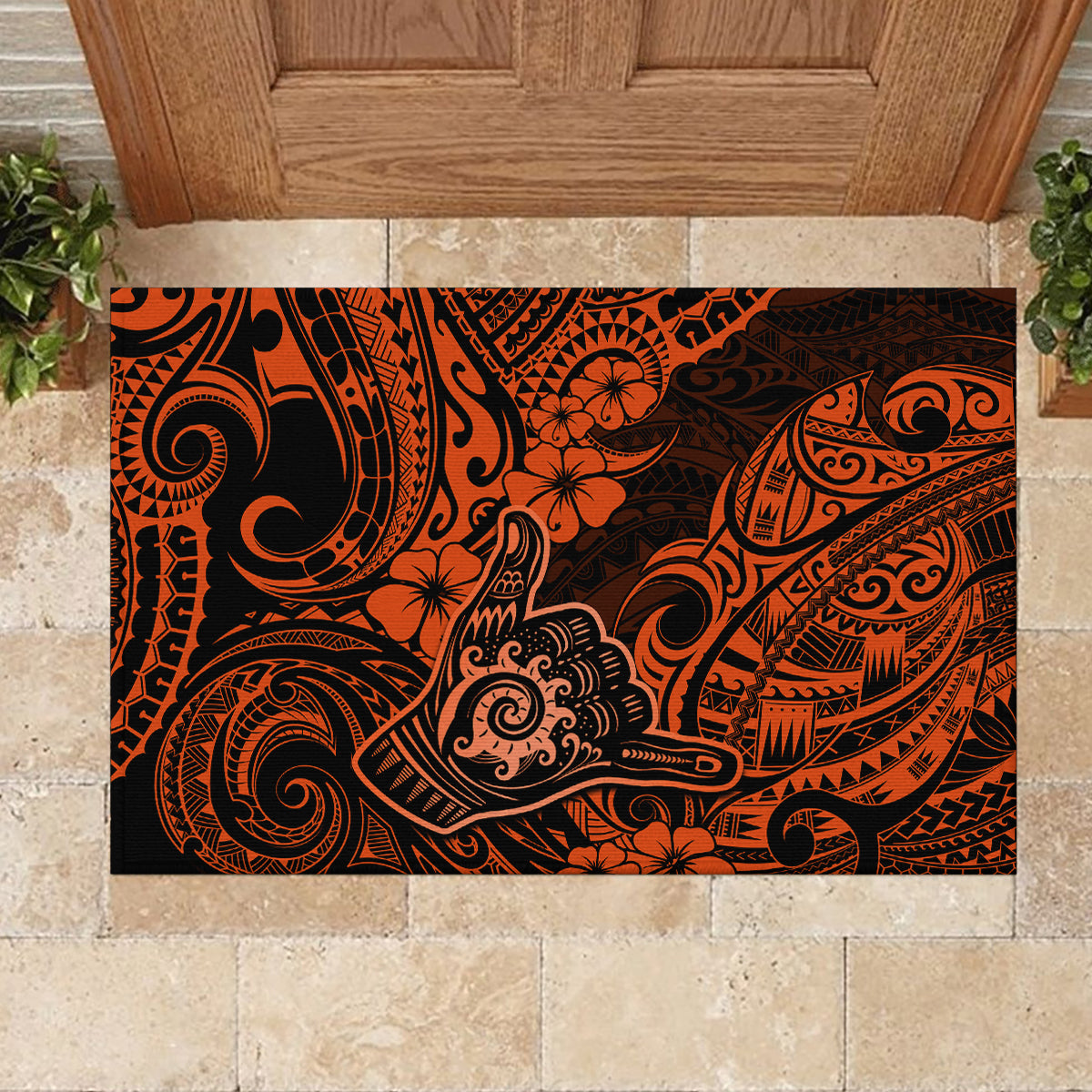 Hawaii Shaka Sign Rubber Doormat With Polynesian Hibiscus Orange Unique LT01 - Polynesian Pride