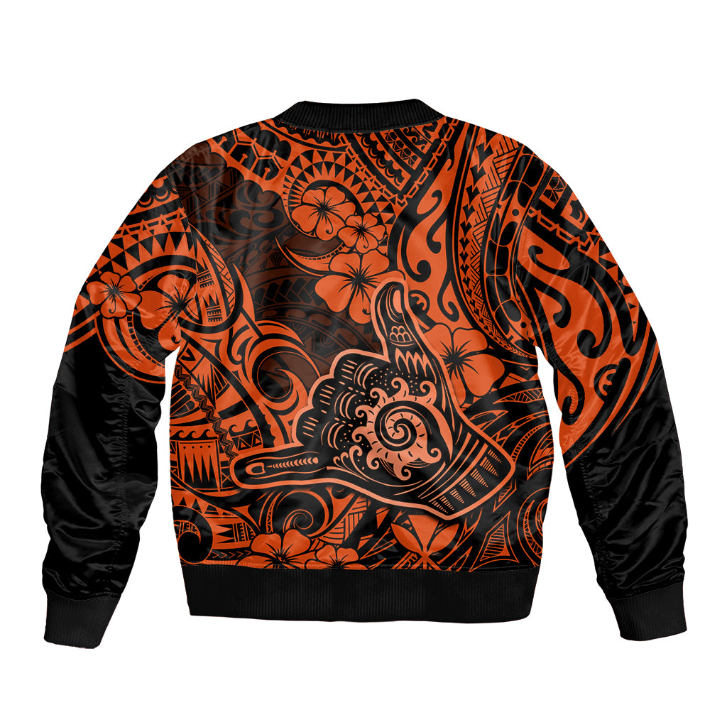 Hawaii Shaka Sign Sleeve Zip Bomber Jacket With Polynesian Hibiscus Orange Unique LT01 - Polynesian Pride
