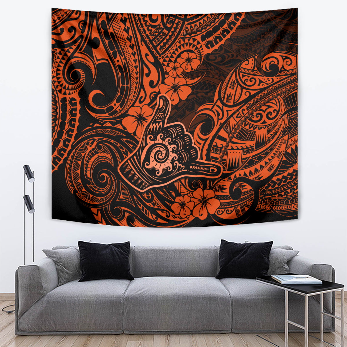 Hawaii Shaka Sign Tapestry With Polynesian Hibiscus Orange Unique LT01 - Polynesian Pride