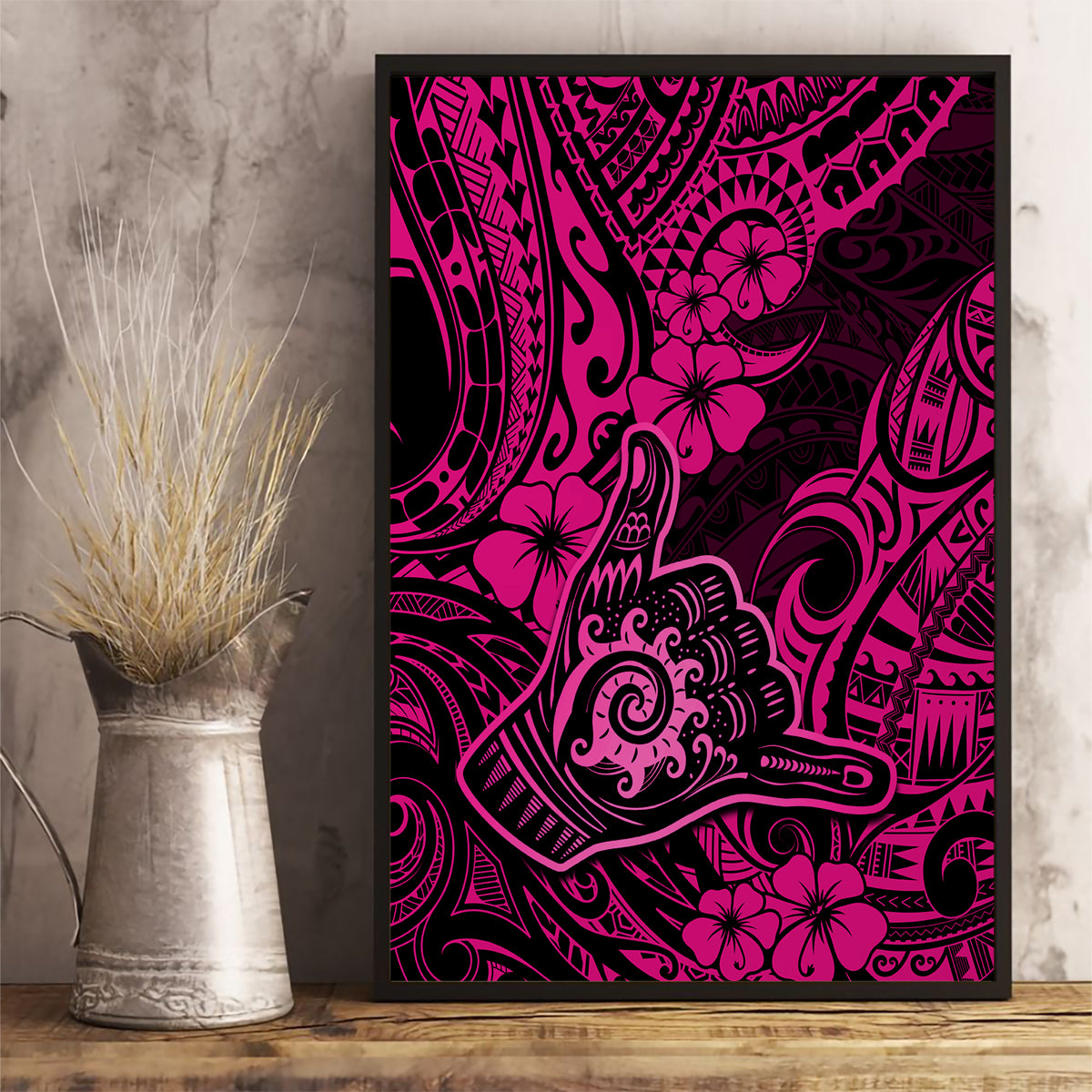 Hawaii Shaka Sign Canvas Wall Art With Polynesian Hibiscus Pink Unique LT01 - Polynesian Pride
