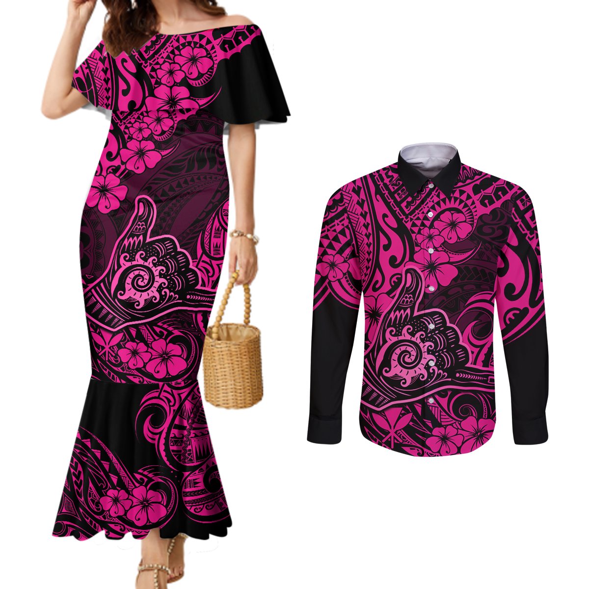 Hawaii Shaka Sign Couples Matching Mermaid Dress and Long Sleeve Button Shirts With Polynesian Hibiscus Pink Unique LT01 Pink - Polynesian Pride