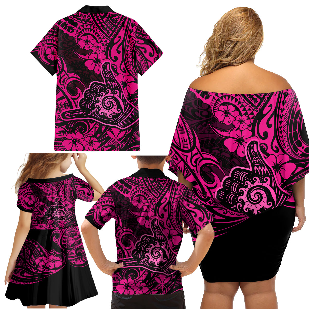 Hawaii Shaka Sign Family Matching Off Shoulder Short Dress and Hawaiian Shirt With Polynesian Hibiscus Pink Unique LT01 - Polynesian Pride