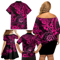 Hawaii Shaka Sign Family Matching Off Shoulder Short Dress and Hawaiian Shirt With Polynesian Hibiscus Pink Unique LT01 - Polynesian Pride