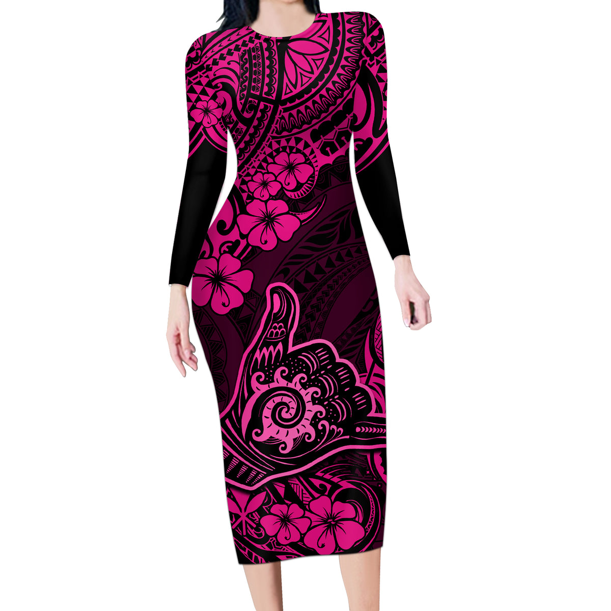 Hawaii Shaka Sign Long Sleeve Bodycon Dress With Polynesian Hibiscus Pink Unique LT01 Long Dress Pink - Polynesian Pride