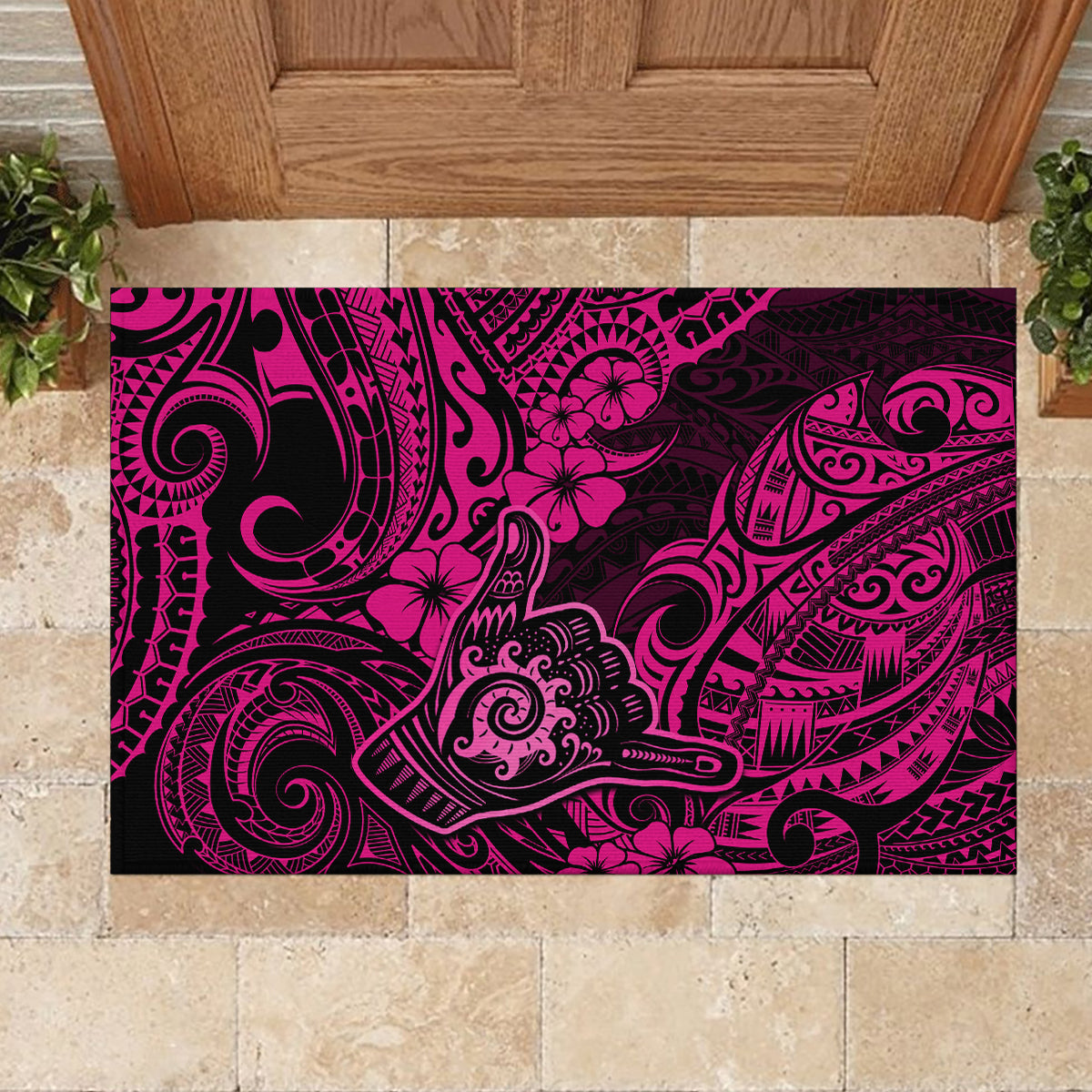 Hawaii Shaka Sign Rubber Doormat With Polynesian Hibiscus Pink Unique LT01 - Polynesian Pride
