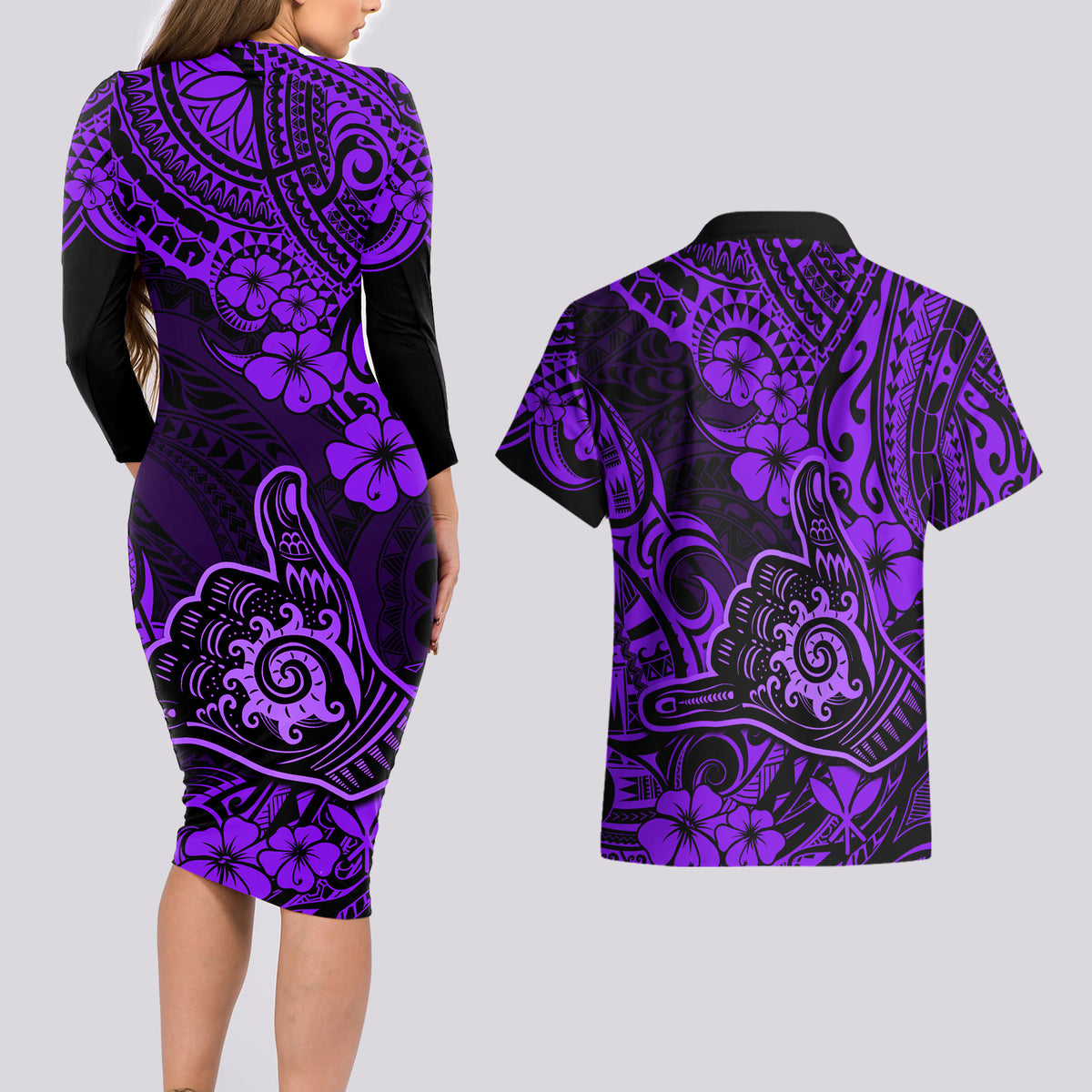 Hawaii Shaka Sign Couples Matching Long Sleeve Bodycon Dress and Hawaiian Shirt Polynesian Pattern Purple Version LT01 - Polynesian Pride