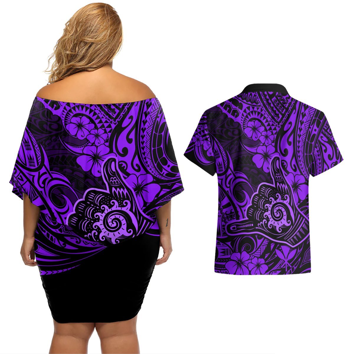 Hawaii Shaka Sign Couples Matching Off Shoulder Short Dress and Hawaiian Shirt Polynesian Pattern Purple Version LT01 - Polynesian Pride