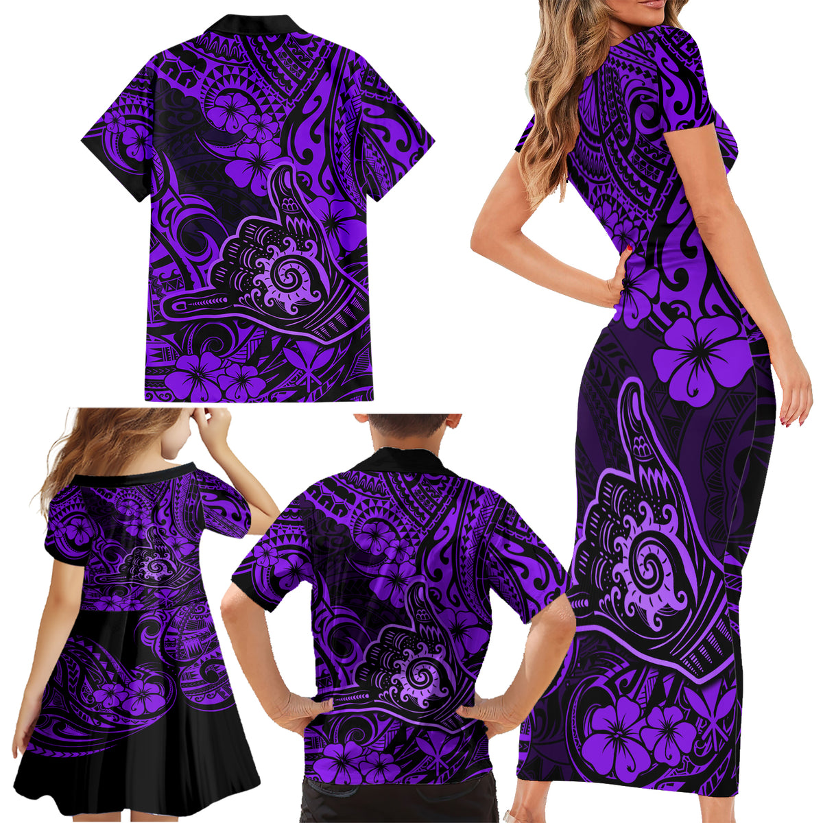 Hawaii Shaka Sign Family Matching Short Sleeve Bodycon Dress and Hawaiian Shirt Polynesian Pattern Purple Version LT01 - Polynesian Pride