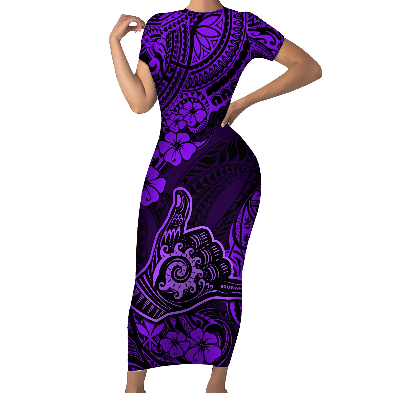 Hawaii Shaka Sign Short Sleeve Bodycon Dress Polynesian Pattern Purple Version LT01 Long Dress Purple - Polynesian Pride