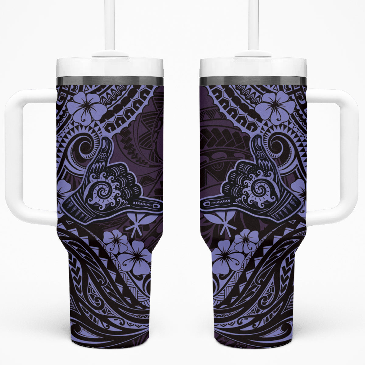 Hawaii Shaka Sign Tumbler With Handle Polynesian Pattern Purple Version