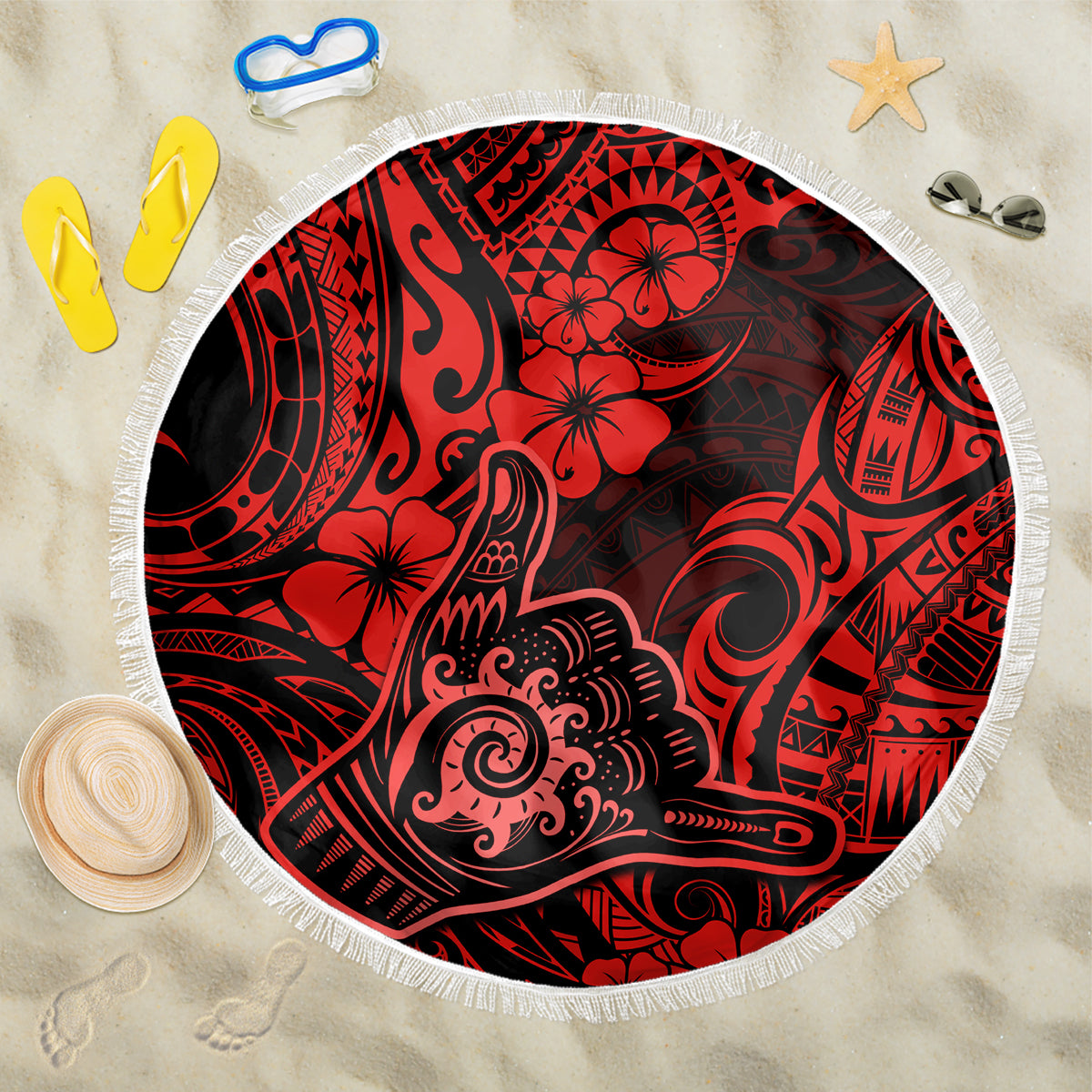 Hawaii Shaka Sign Beach Blanket Polynesian Pattern Red Version LT01 One Size 150cm Red - Wonder Print Shop