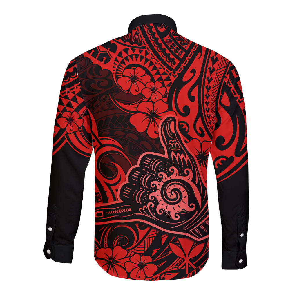 Hawaii Shaka Sign Long Sleeve Button Shirt Polynesian Pattern Red Version LT01 - Polynesian Pride
