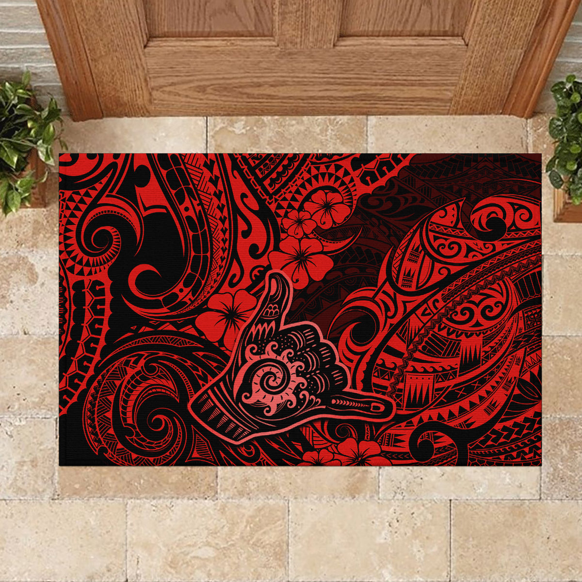 Hawaii Shaka Sign Rubber Doormat Polynesian Pattern Red Version LT01 - Polynesian Pride