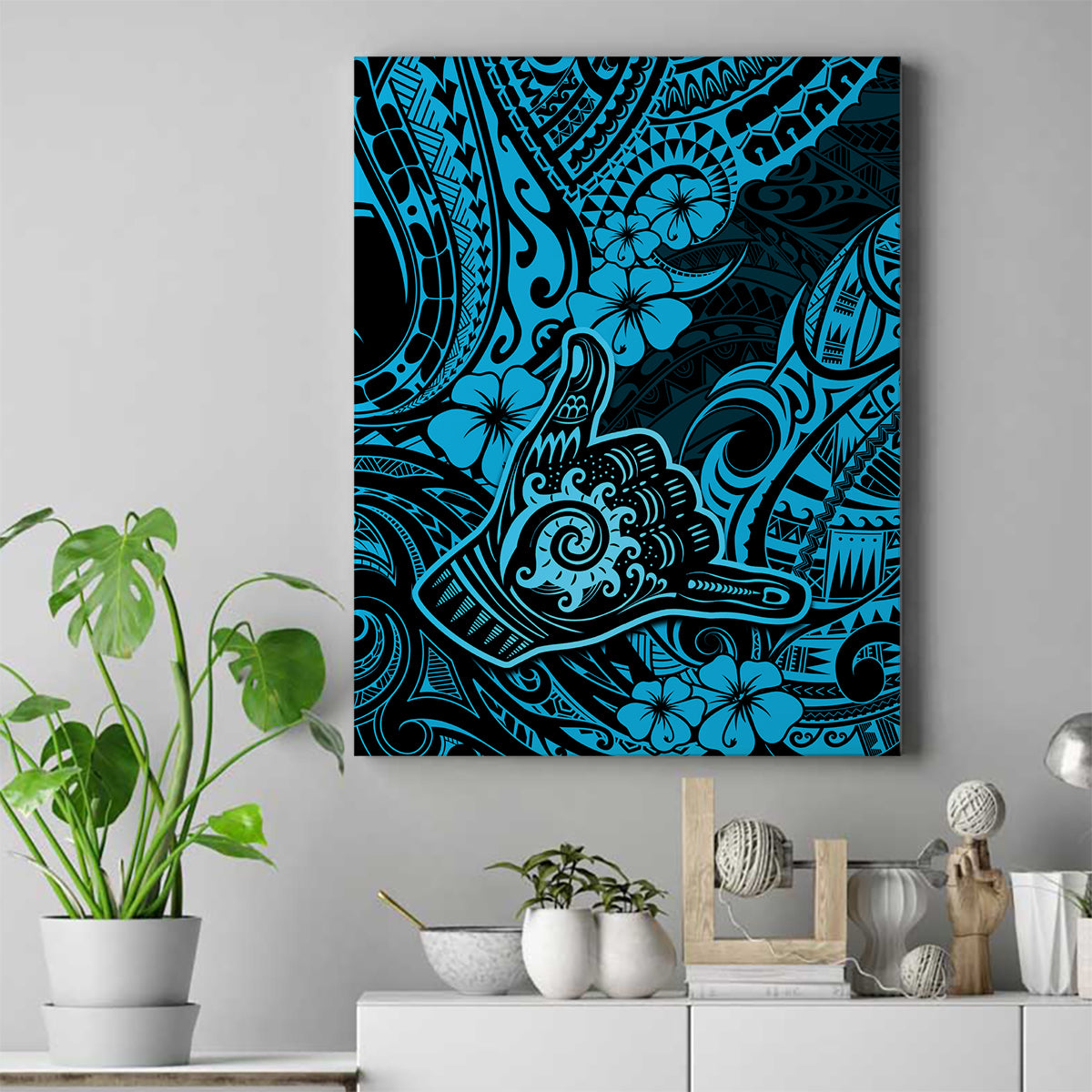 Hawaii Shaka Sign Canvas Wall Art Polynesian Pattern Sky Blue Version LT01 Blue - Polynesian Pride