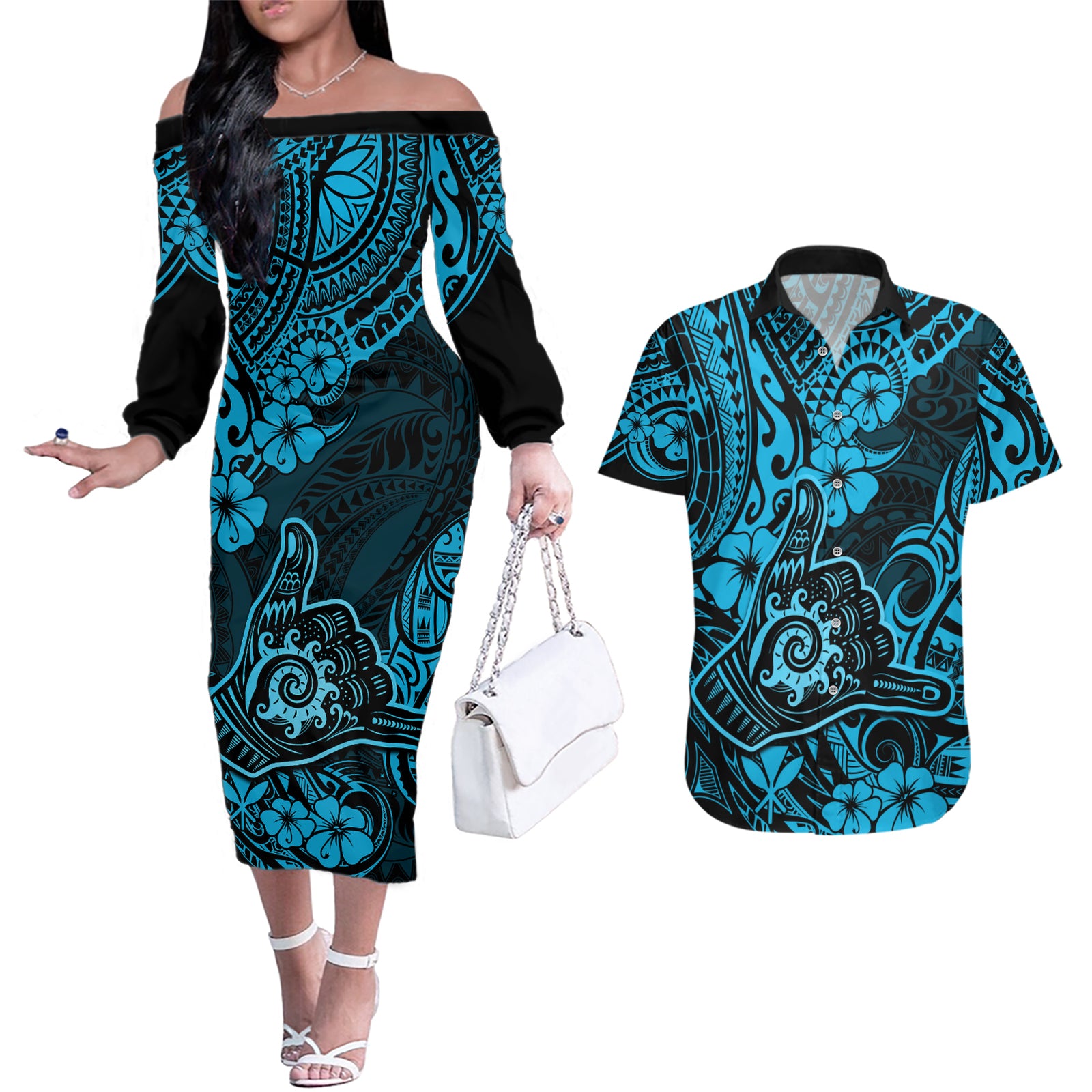 Hawaii Shaka Sign Couples Matching Off The Shoulder Long Sleeve Dress and Hawaiian Shirt Polynesian Pattern Sky Blue Version LT01 Blue - Polynesian Pride