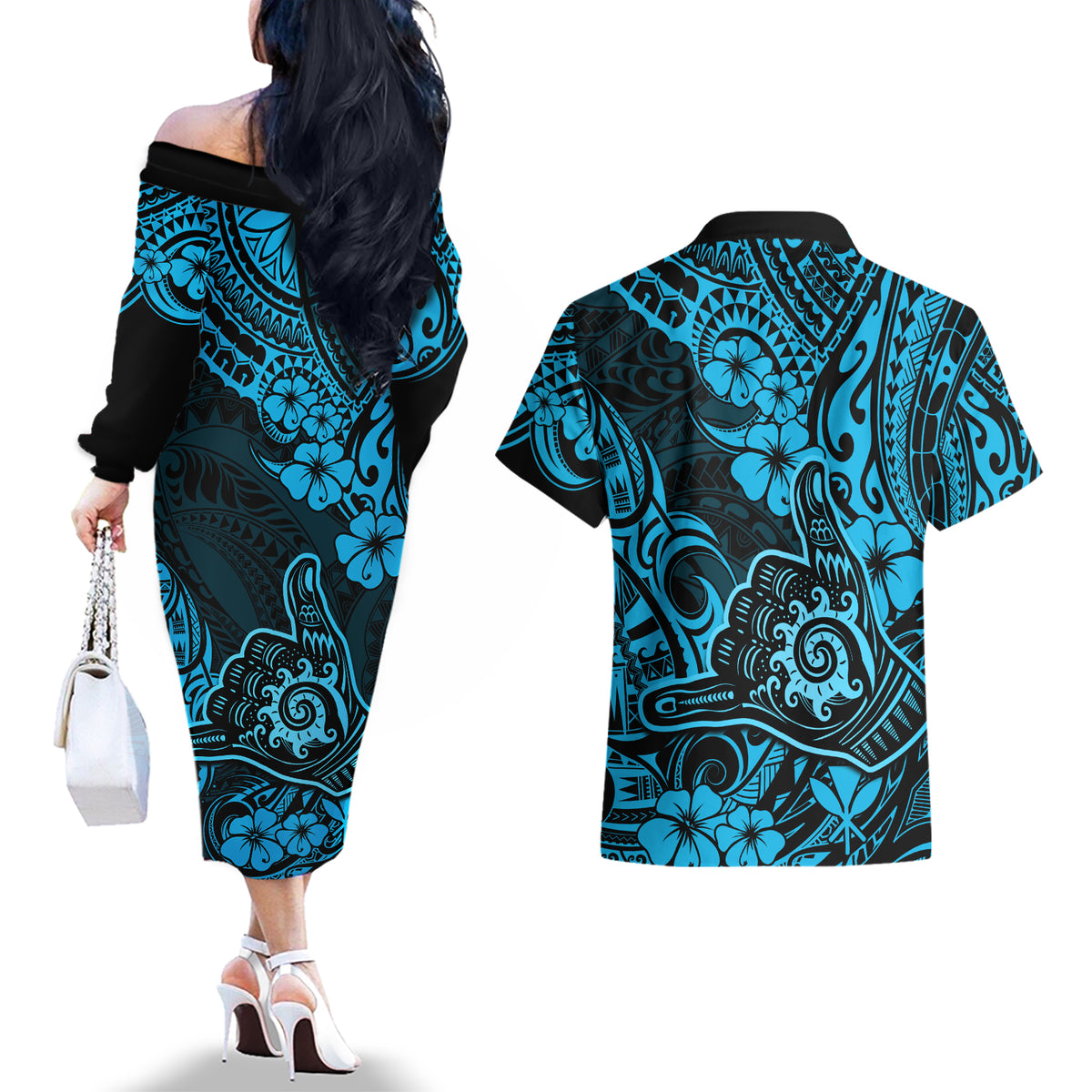 Hawaii Shaka Sign Couples Matching Off The Shoulder Long Sleeve Dress and Hawaiian Shirt Polynesian Pattern Sky Blue Version LT01 - Polynesian Pride