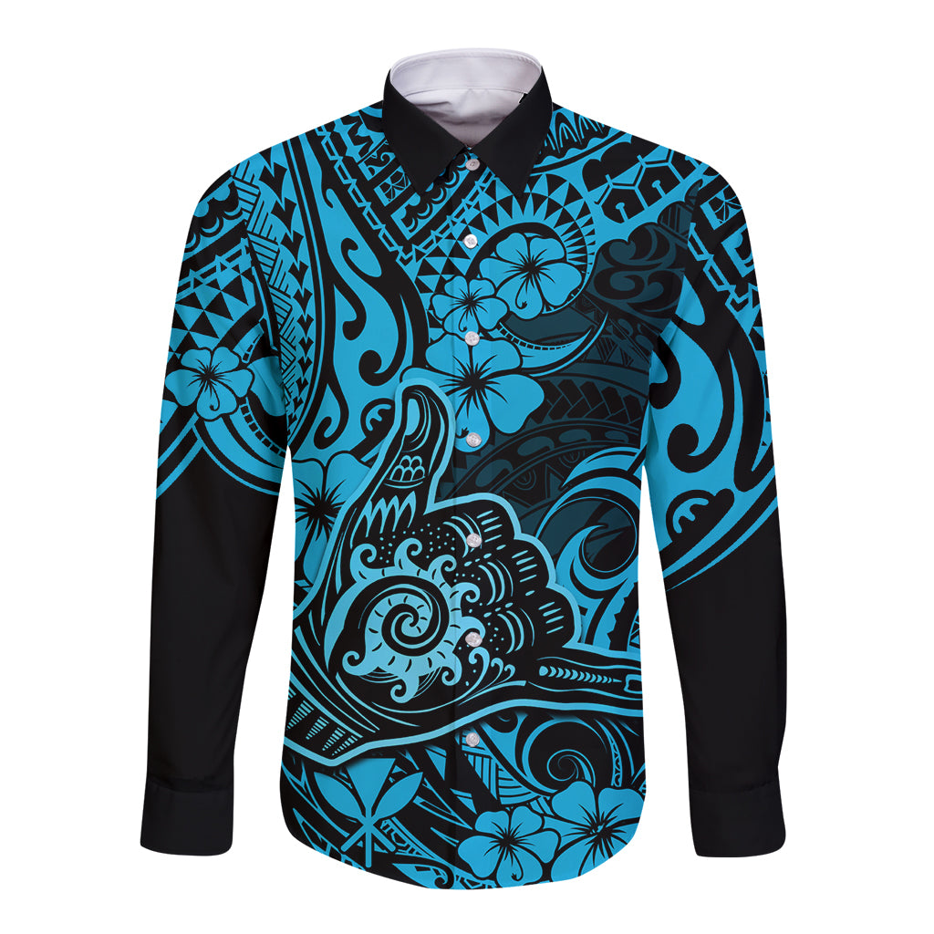 Hawaii Shaka Sign Long Sleeve Button Shirt Polynesian Pattern Sky Blue Version LT01 Unisex Blue - Polynesian Pride