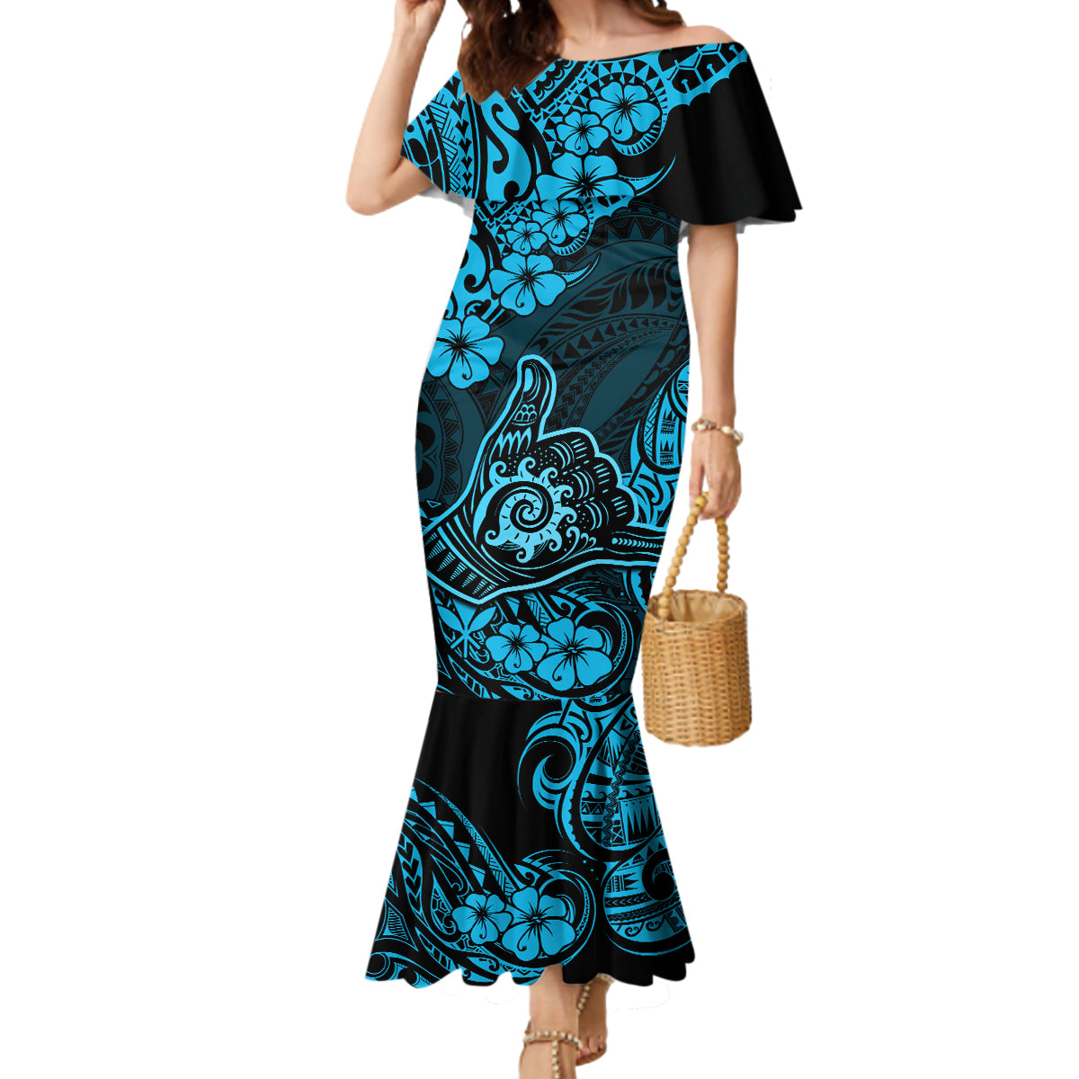 Hawaii Shaka Sign Mermaid Dress Polynesian Pattern Sky Blue Version LT01 Women Blue - Polynesian Pride