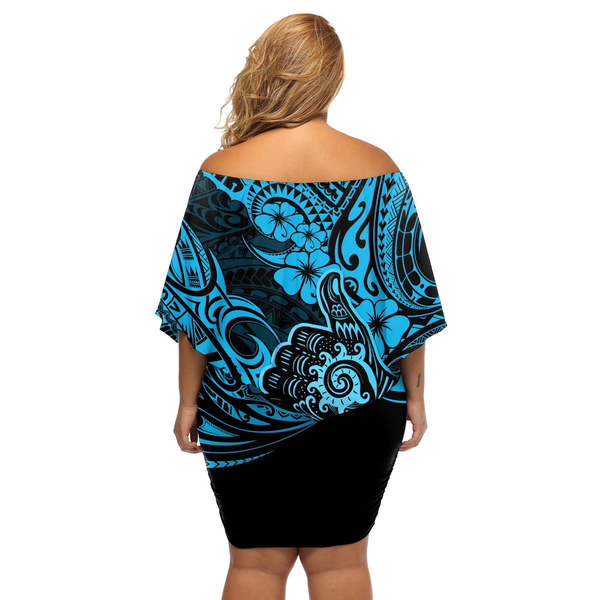 Hawaii Shaka Sign Off Shoulder Short Dress Polynesian Pattern Sky Blue Version LT01 - Polynesian Pride