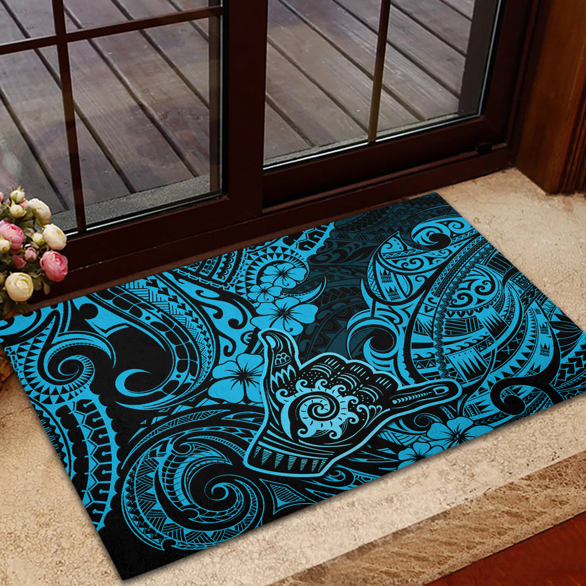 Hawaii Shaka Sign Rubber Doormat Polynesian Pattern Sky Blue Version LT01 - Polynesian Pride