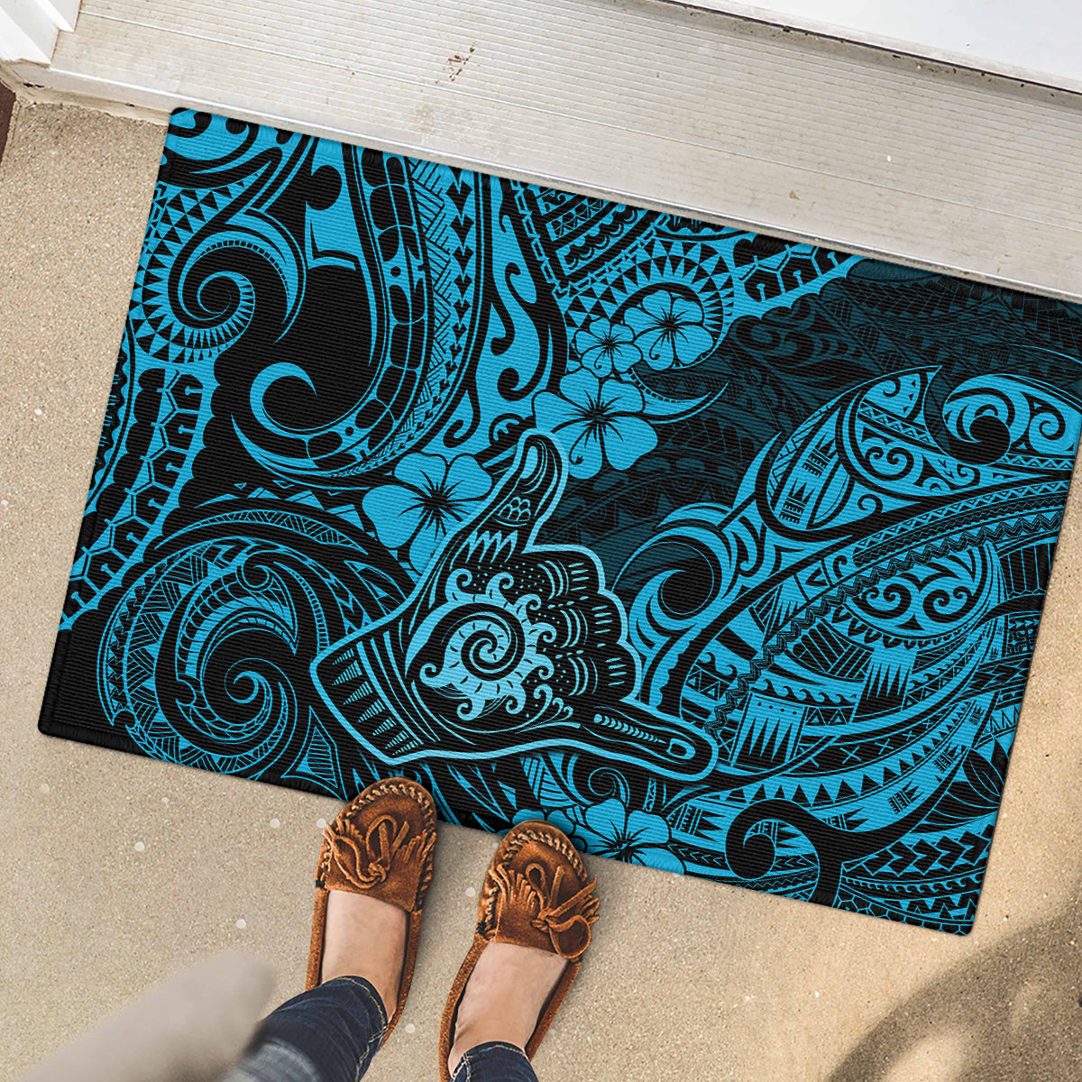 Hawaii Shaka Sign Rubber Doormat Polynesian Pattern Sky Blue Version LT01 - Polynesian Pride