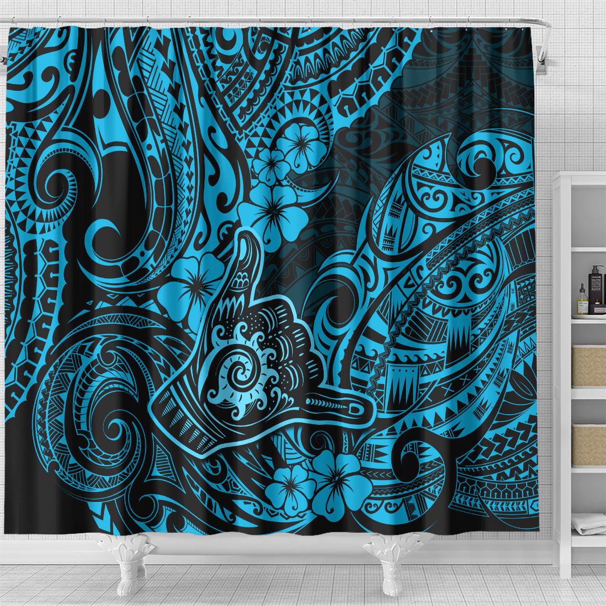 Hawaii Shaka Sign Shower Curtain Polynesian Pattern Sky Blue Version LT01 - Polynesian Pride