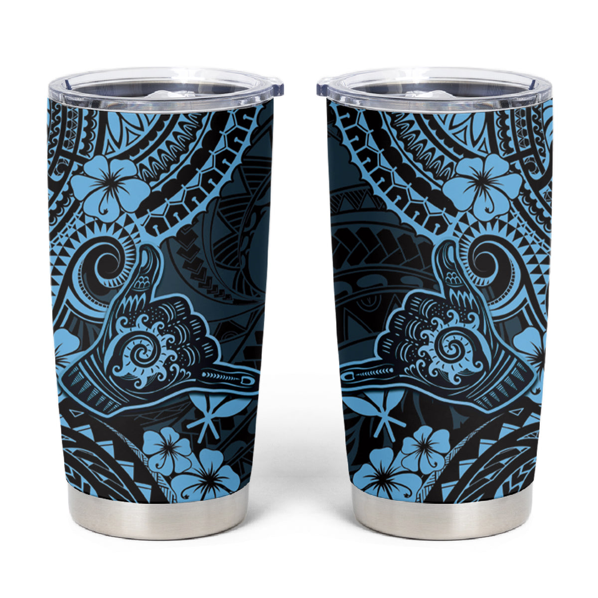 Hawaii Shaka Sign Tumbler Cup Polynesian Pattern Sky Blue Version