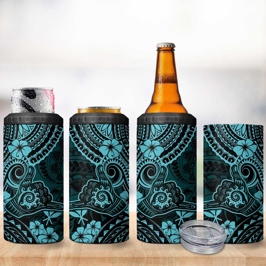 Hawaii Shaka Sign 4 in 1 Can Cooler Tumbler Polynesian Pattern Turquoise Version