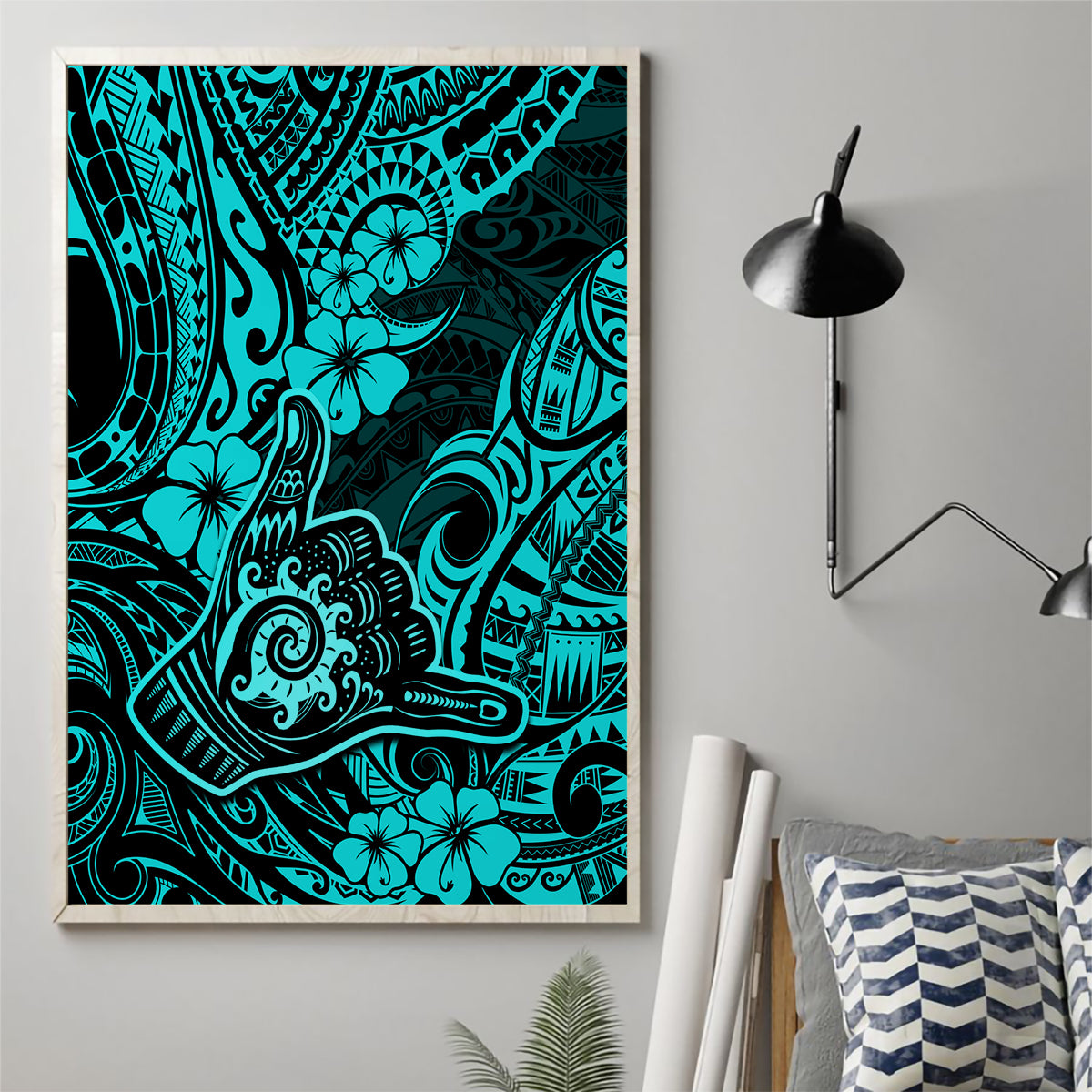 Hawaii Shaka Sign Canvas Wall Art Polynesian Pattern Turquoise Version LT01 - Polynesian Pride