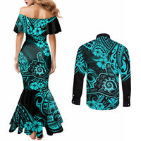 Hawaii Shaka Sign Couples Matching Mermaid Dress and Long Sleeve Button Shirts Polynesian Pattern Turquoise Version LT01 - Polynesian Pride