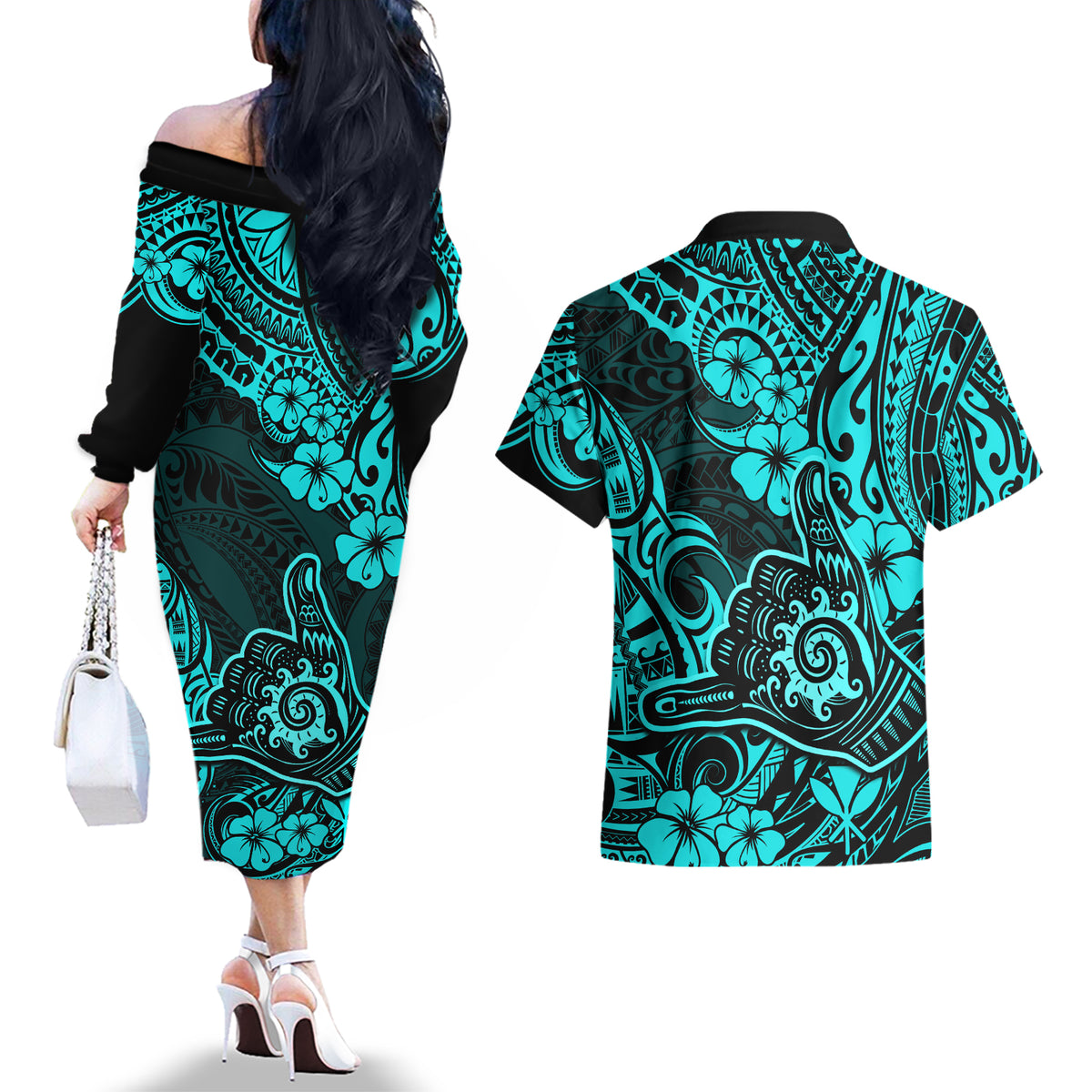 Hawaii Shaka Sign Couples Matching Off The Shoulder Long Sleeve Dress and Hawaiian Shirt Polynesian Pattern Turquoise Version LT01 - Polynesian Pride