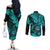 Hawaii Shaka Sign Couples Matching Off The Shoulder Long Sleeve Dress and Long Sleeve Button Shirts Polynesian Pattern Turquoise Version LT01 - Polynesian Pride