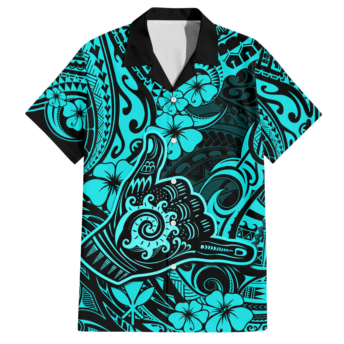 Hawaii Shaka Sign Family Matching Off Shoulder Long Sleeve Dress and Hawaiian Shirt Polynesian Pattern Turquoise Version LT01 Dad's Shirt - Short Sleeve Turquoise - Polynesian Pride