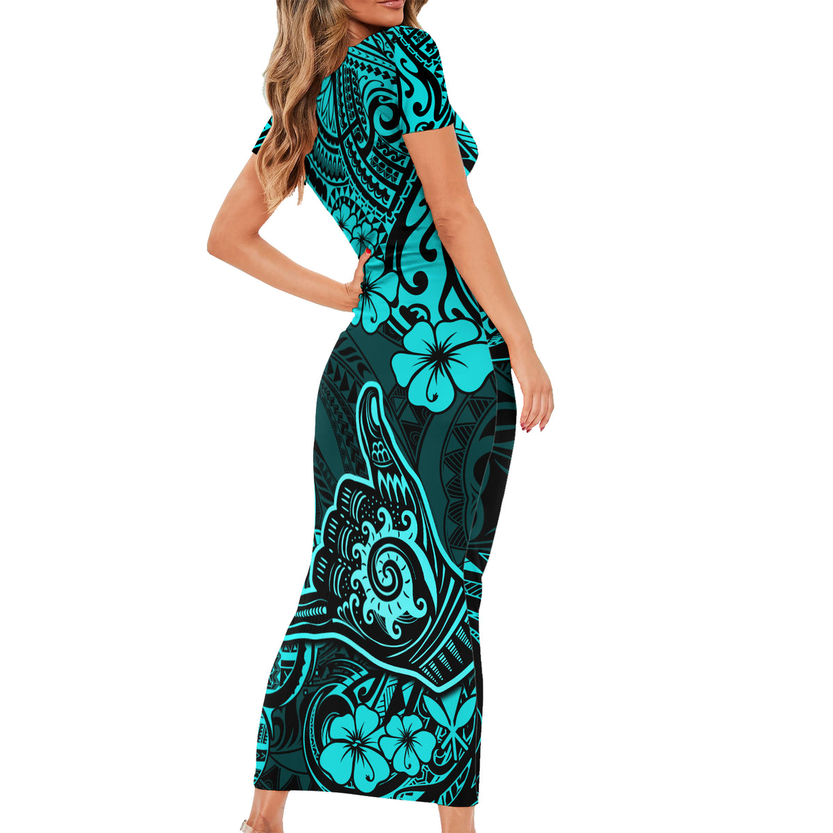 Hawaii Shaka Sign Family Matching Short Sleeve Bodycon Dress and Hawaiian Shirt Polynesian Pattern Turquoise Version LT01 - Polynesian Pride