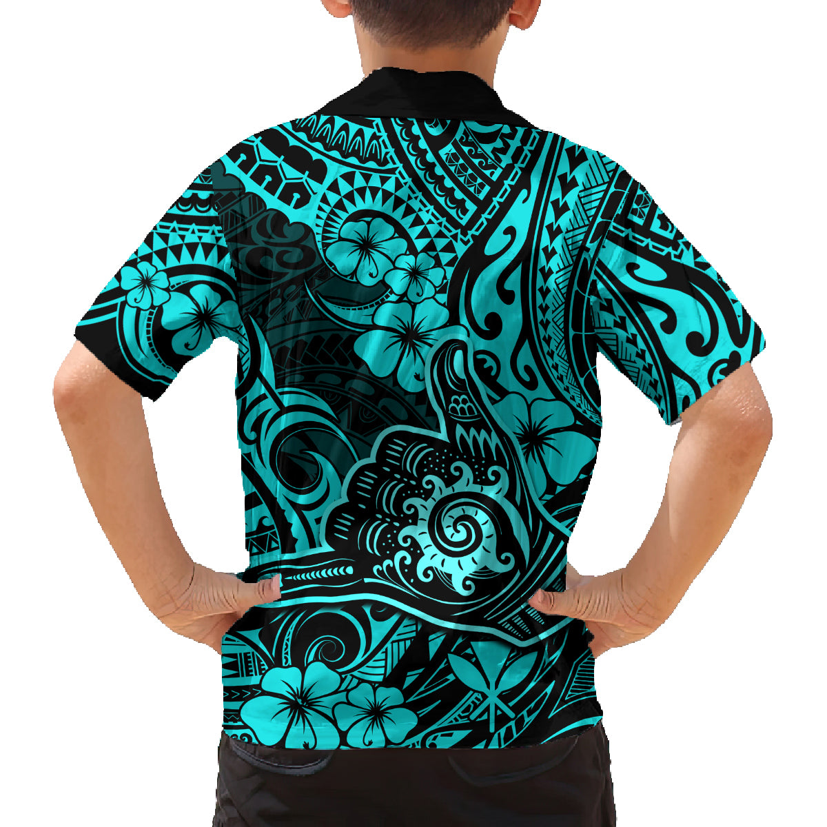 Hawaii Shaka Sign Family Matching Summer Maxi Dress and Hawaiian Shirt Polynesian Pattern Turquoise Version LT01 - Polynesian Pride